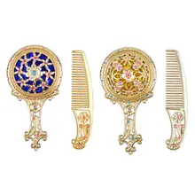 1set Classic Chic Retro Vintage pocket Mirror Compact Makeup Mirror with Hair Comb Hand Make Up Bronze Hollow Out Makeup Vanity