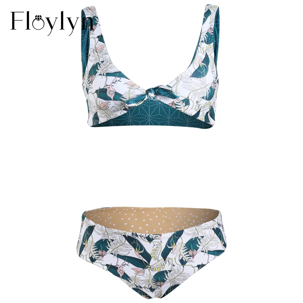Women Bikini Set Chic Print Knot Bikini Set Double Layers Fabric Lady