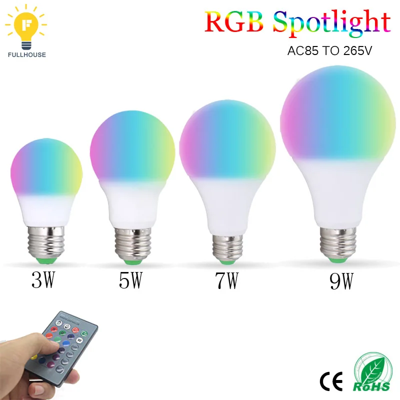 RGB Светодиодная лампа E27 3 Вт 5 7 9 светодиодная 110 В 220 в 85 265 дистанционное