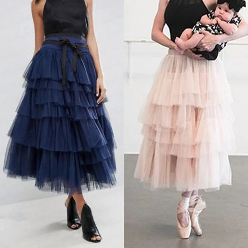 Womens Lace Multi Layered Tulle Mesh Skirt Elastic High Waist Tiered Pleated Maxi Long Skirts Fashion Lady Loose Straight Skirts