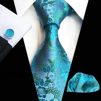 

New Plaid Silk Tie Jacquard Woven Blue Paisley Flower Necktie Gravata Handkerchief Cufflinks Set Pocket Square Men Tie
