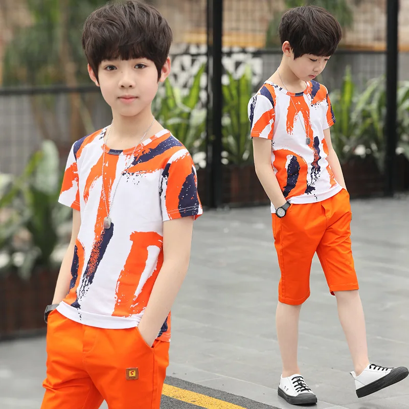 

Children Wear Suit Boy Short Sleeved Two Piece Summer Kids Children Sets Cotton Sports Suit 6- 14 Age Fashion Brand Suit
