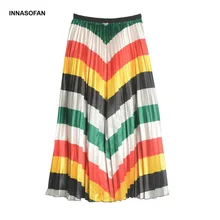 INNASOFAN Женская гофрирующая юбка; сезон весна-лето модная пляжная длинная юбка в европейском и американском в полоску, с высокой талией юбки