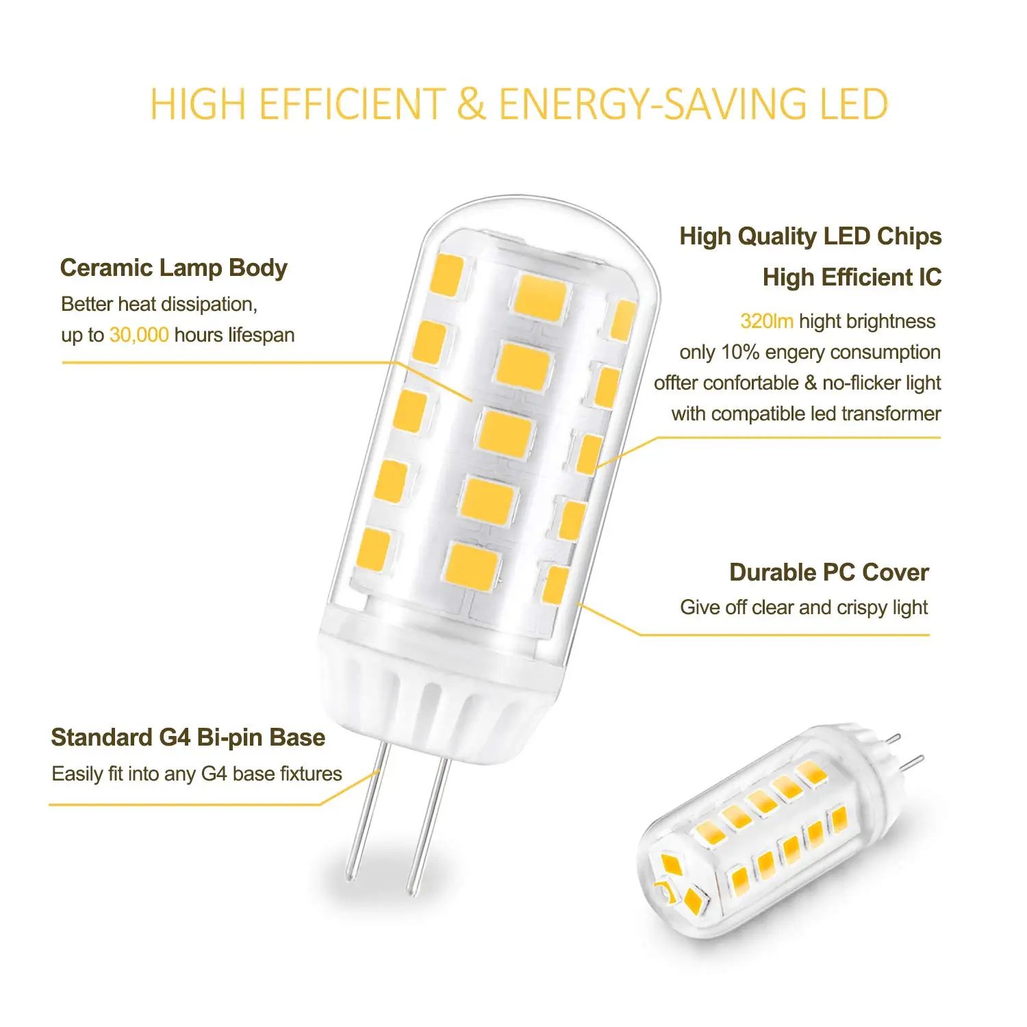G4 Светодиодный светильник 4 Вт теплый белый G4 основа заколки лампы Замена для 40 Вт галогенные Bulbs12V AC/DC Диммируемый пакет 5 класс энергии A