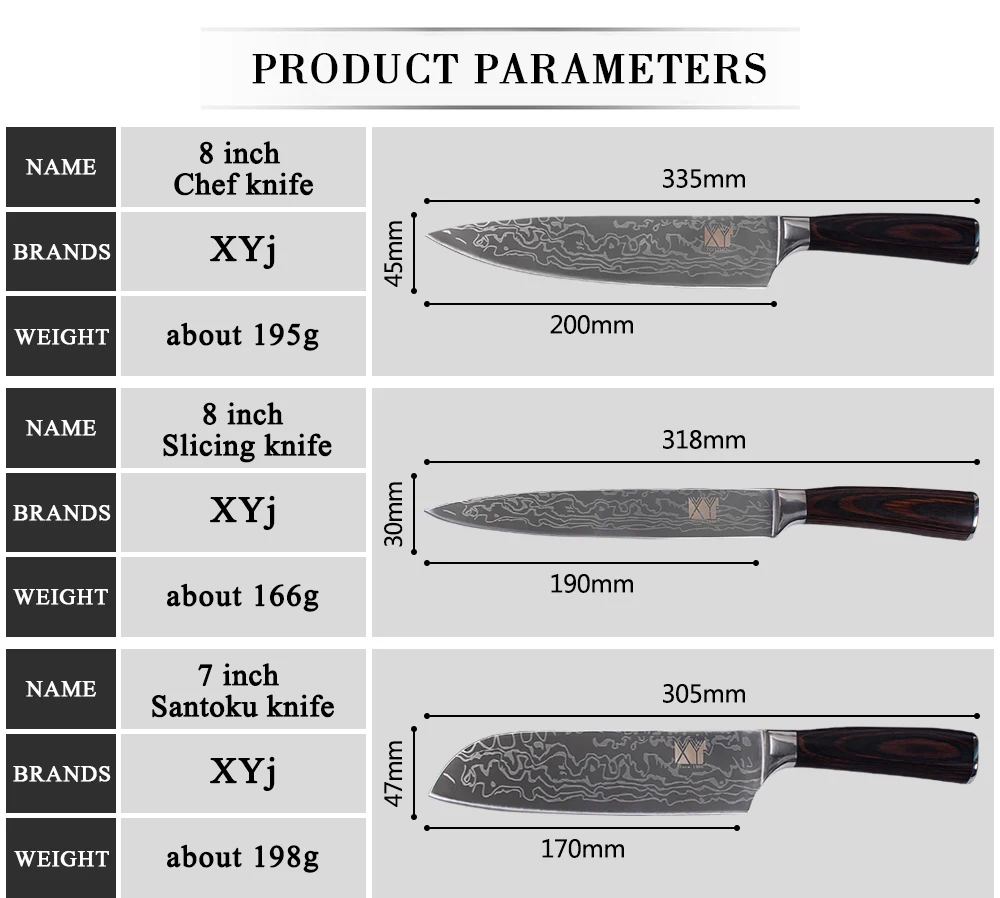 XYj высококачественный 7Cr17 набор кухонных ножей из нержавеющей стали дамасский Фруктовый нож Santoku кухонные ножи для нарезки шеф-повара кухонные наборы