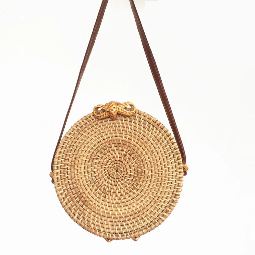 

Women's rattan bag Ins floral cloth bow handmade straw round bag 2019 new summer diagonal beach bag fashion female shoulder bag