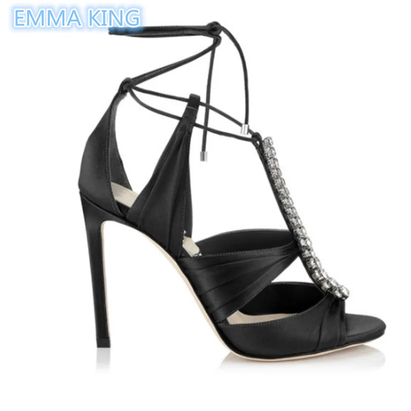 

EMMA KING 2018 Pointed Toe Thin High Heels Sandal For Women Crystal Piece And Pleating Detail Strap Around The Ankle Sexy Shoes