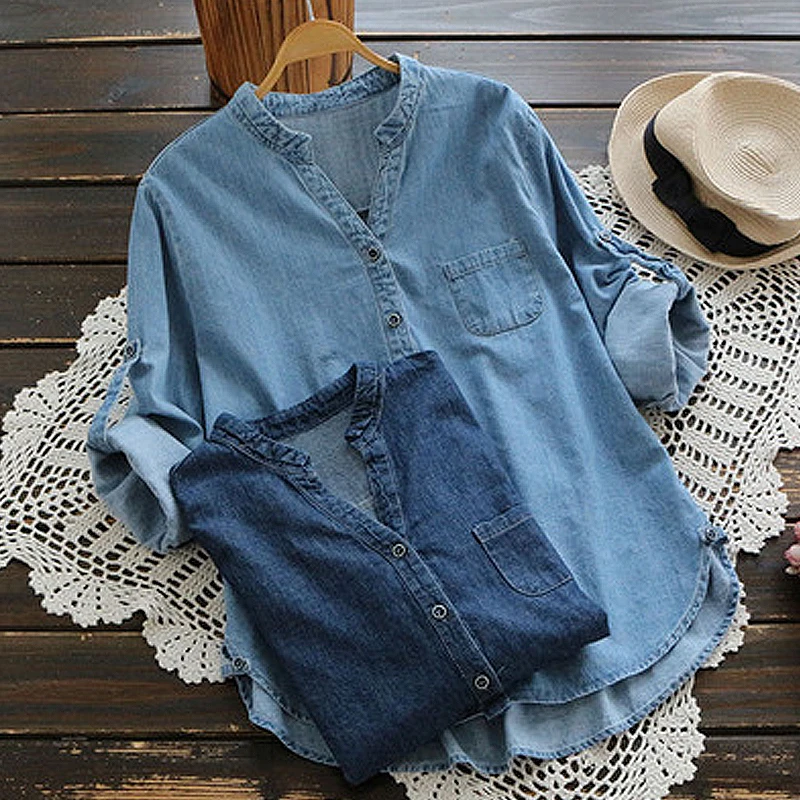 

Plus Size ZANZEA Autumn Women V Neck Long Sleeve Solid Shirt Casual Buttons Loose Work OL Denim Blue Blouse Party Top Blusas