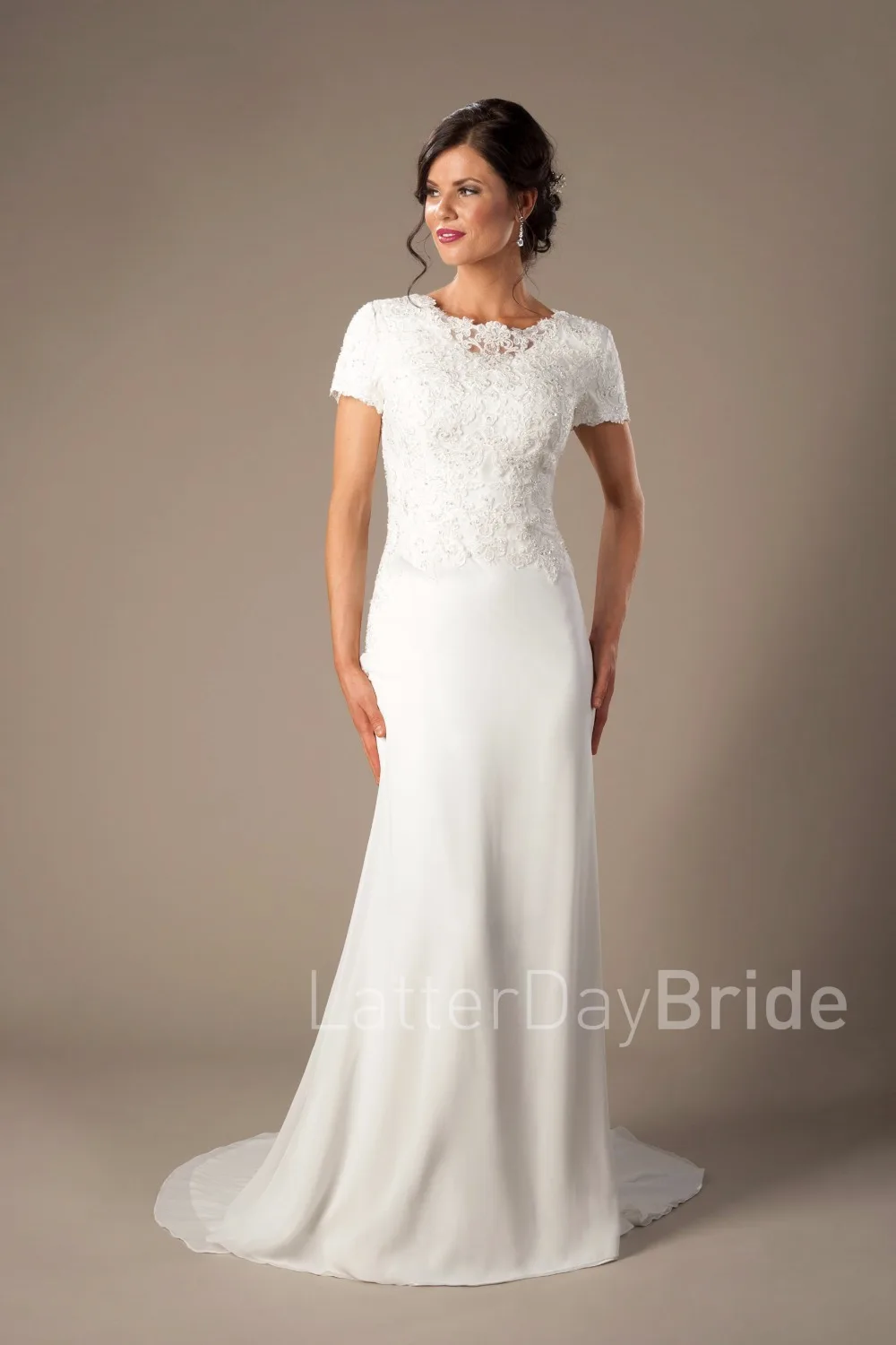 Ivory Chiffon Informal Beach Mermaid Modest Wedding Dresses With Cap