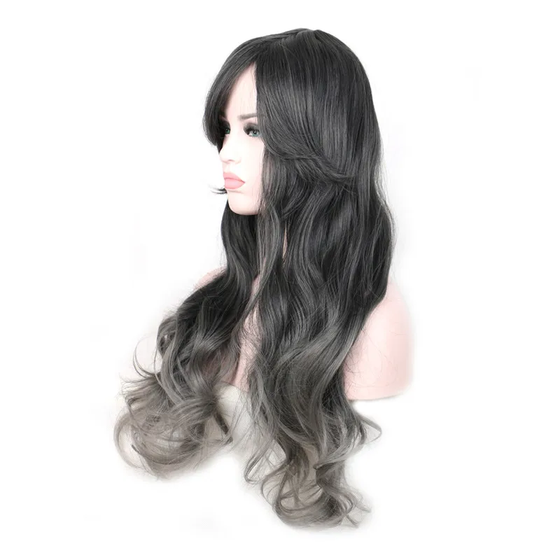 Парики из искусственных волос, черный, серый, длинные, волнистые, с челкой, для женщин, термостойкий парик для косплея