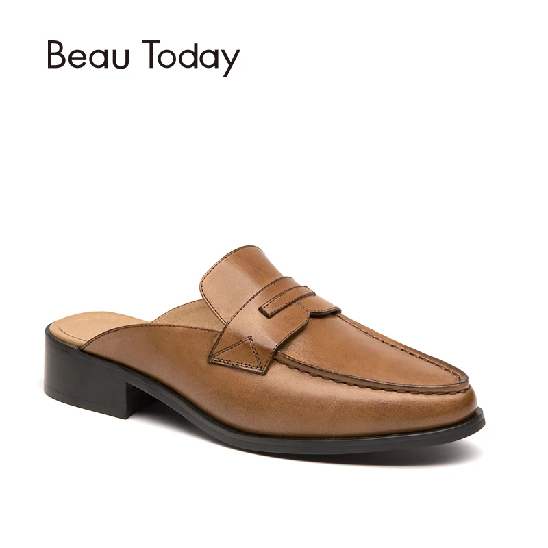 BeauToday Mules Women Genuine Leather Backless Round Toe New Fashion Penny Style Ladies Shoes with Box