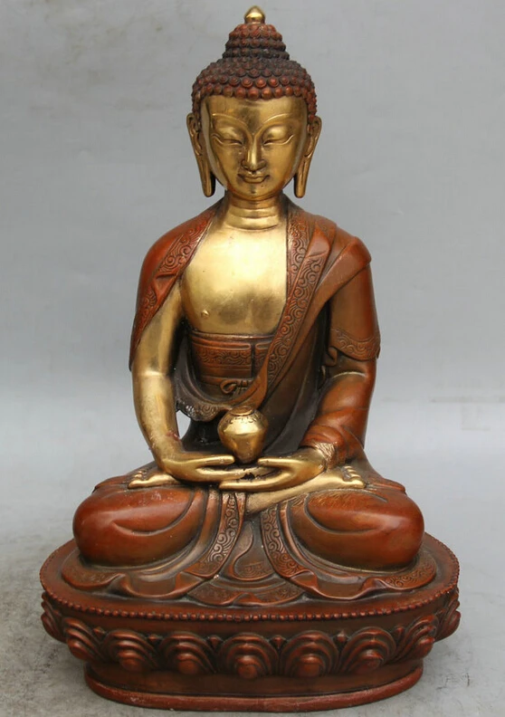 

fast shipping USPS to USA S2437 12" Tibetan Purple Bronze 24K Gold Gilt Shakyamuni Amitabha Buddha Bowl Statue
