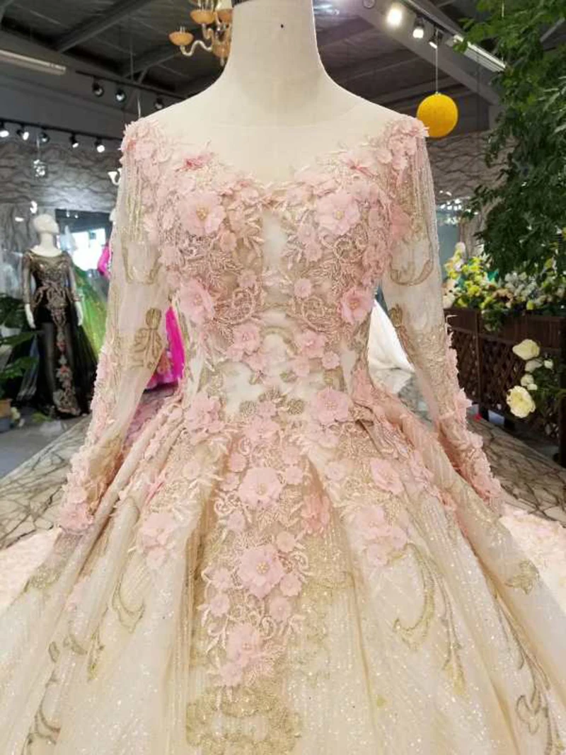 LSS188 недорогое свадебное платье с розовыми цветами и длинным рукавом кружевное