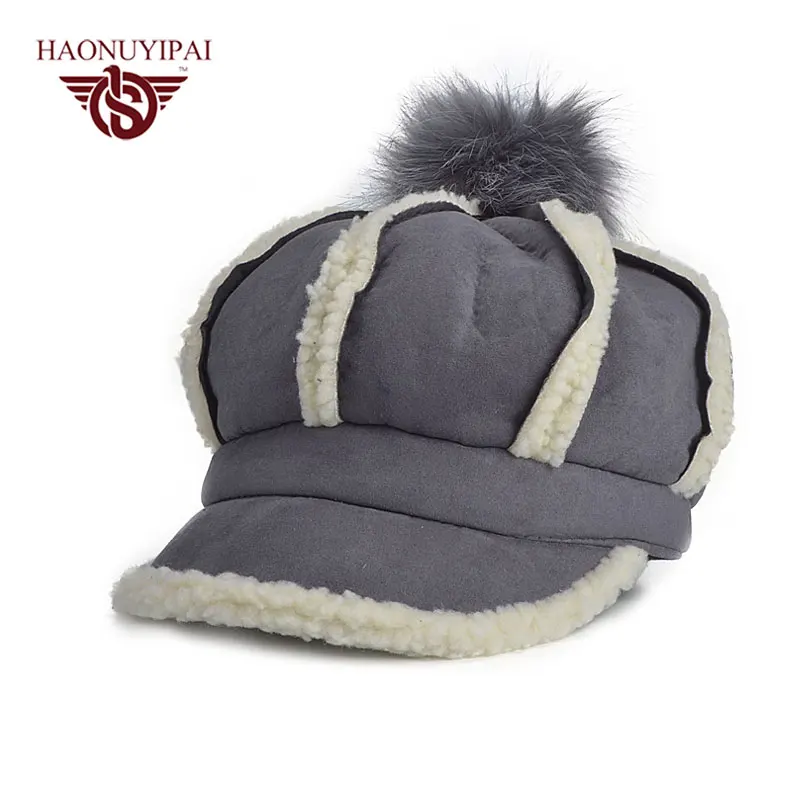 

2016 Winter Thick Visor Warm Women Girl  Hats Ear Protect Hats With Pom Pom Beanies Outdoor Sport  Lady Cap Gorros