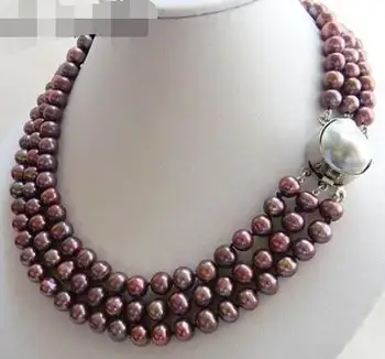 

P3598- 3row 17-19"9-10mm white baroque freshwater pearl necklace -abalone shell