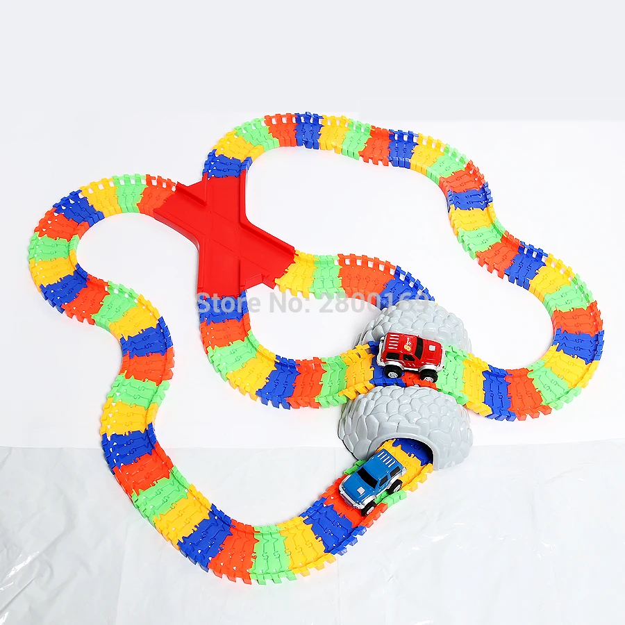 Magic Track Build-A-Road with Over 11 Feet of Interchangeable bend Flexible X-Track set with 2 elec