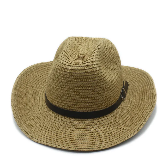 Женская и мужская летняя соломенный с широкими полями ковбойская шляпа для джентльменов ковбойская джазовая шляпа Приморский Toca сомбреро из кожи - Цвет: Straw