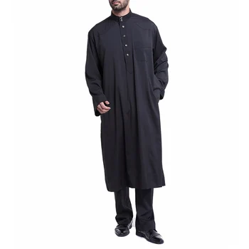 

Men Solid Color Long Sleeves Thobe Arab Muslim Wear with Pants XRQ88