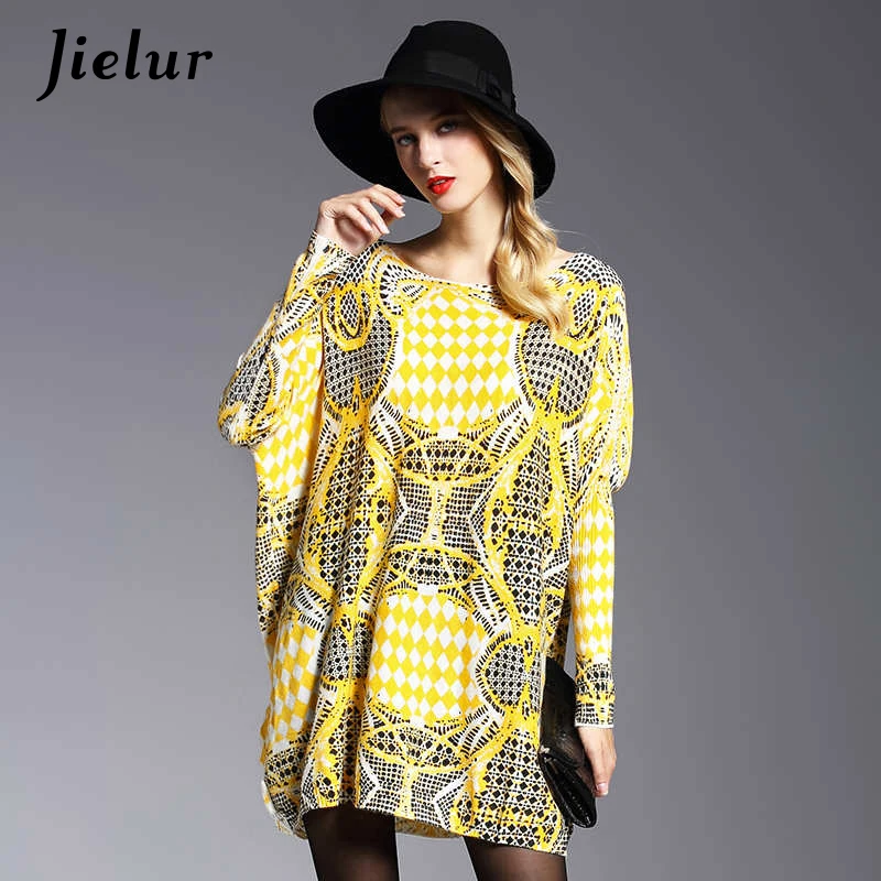 

Jielur 2019 Winter New Yellow Oversized Sweater Women Fashion Loose Full Sleeve Knitwear Ladies Fall Print Sweaters Pullover
