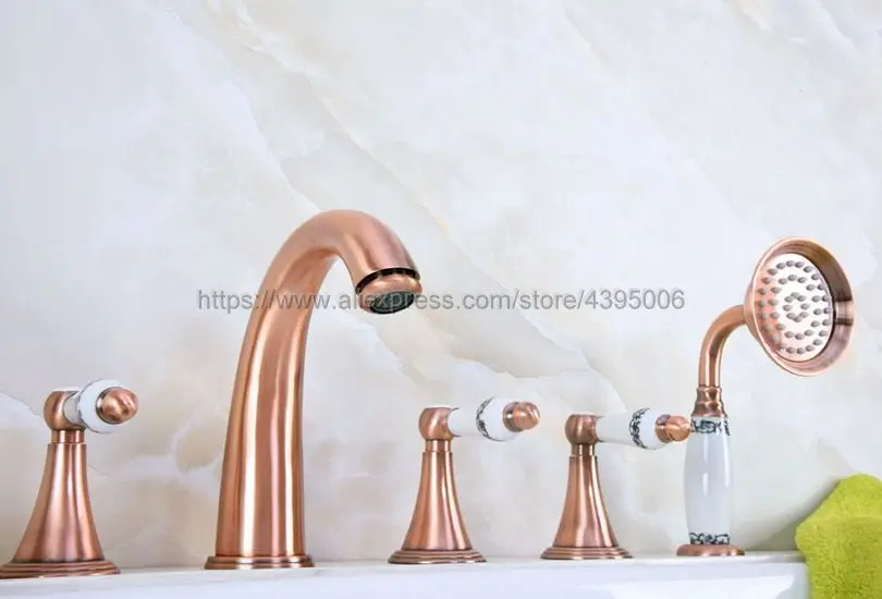Bathtub Faucet Red Copper Widespread Roamn Tub Faucet 5 Hole Bath Faucet with Handshower Btf207