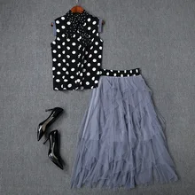 Skirt Set Summer Women 2019 New Turn Down Collar Bow Sleeveless Polka Dot Shirt Top + Elastic Waist Mesh Skirt Two Piece Set cutout waist gold polka dot velvet top