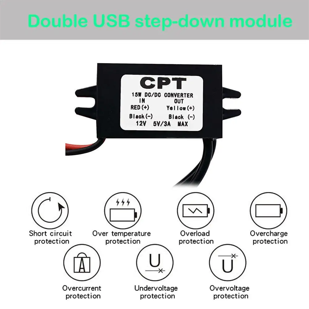 DC-DC Converter Module 12V to 5V 3A 15W Double USB Step Down Power Output Adapter Car Potting Waterproof Power Supply Module