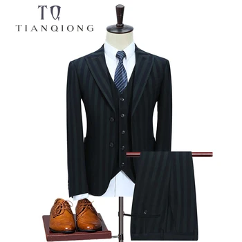 

TIAN QIONG New Men Suit Custom Made Green Mens Striped Suit Groom Wedding Business 2 Button Men Suits with Pant Vest 3 Pieces