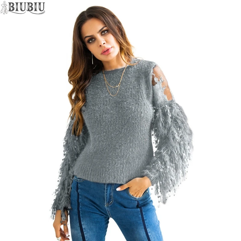 BIUBIU Женский вязаный свитер сексуальный выдалбливающий плюшевый вышитый однотонный осенний свитер пуловеры с бахромой кружева O Nek женская одежда - Цвет: Gray