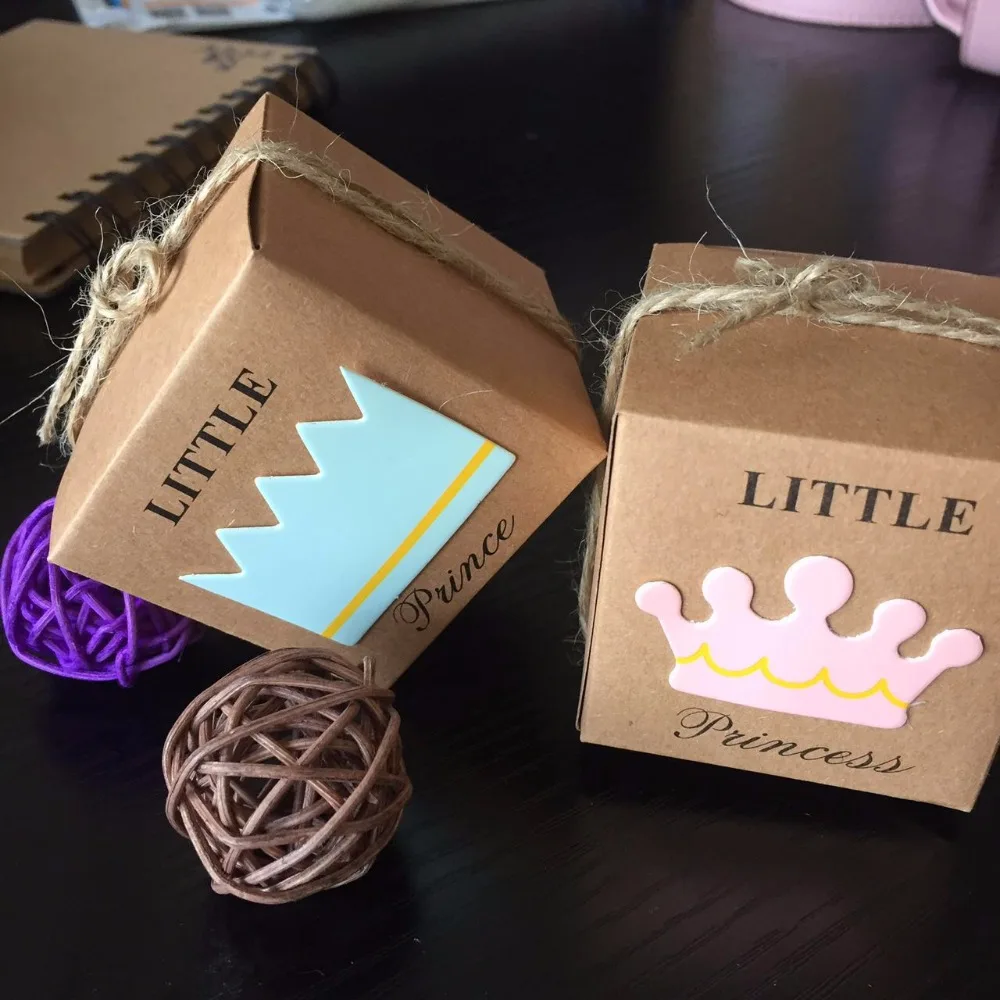 

50pcs Little Prince Princess Square Crown Kraft Paper Baby Shower Candy Box Party Gift Boxes Girl Boy Kids Birthday Favors Box