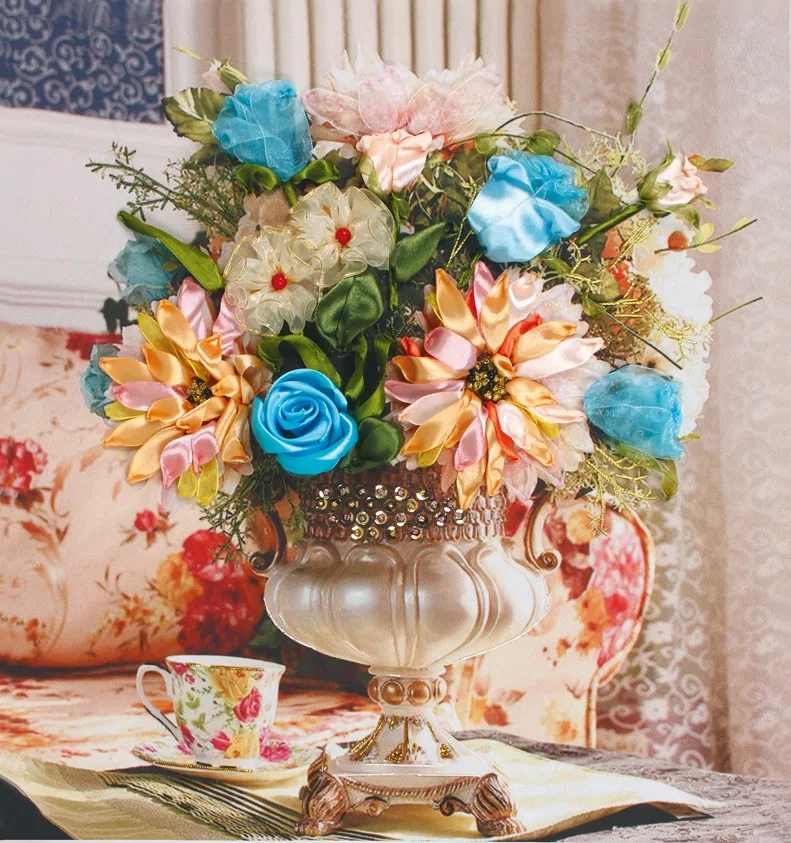 Needlework Chinese DIY Ribbon Cross stitch Sets for Embroidery kit pretty blue rose flower vase ribbon Cross-Stitch wedding gift | Дом и сад