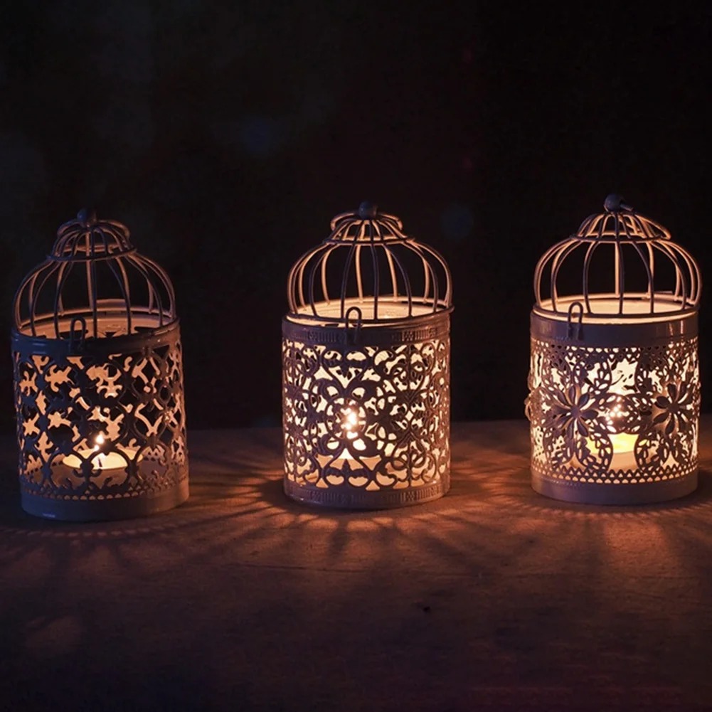 Hollow Candlestick Tealight Hanging Lantern Bird Cage Vintage Metal Candle Holder White Holder Candlestick