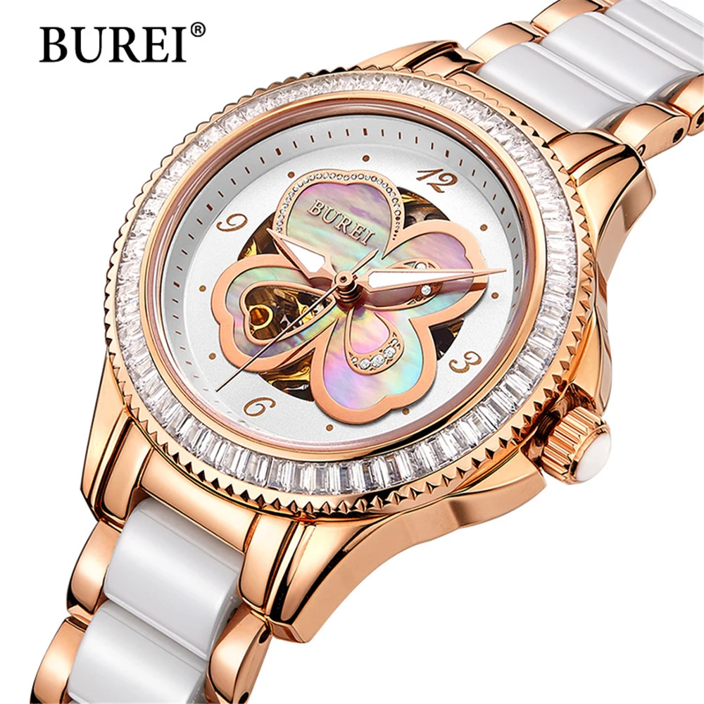 

Automatic Mechanical Watch Hot BUREI Watches Women With Clover 2017 New Ladies Wristwatch Waterproof Ceramic Band Sapphire