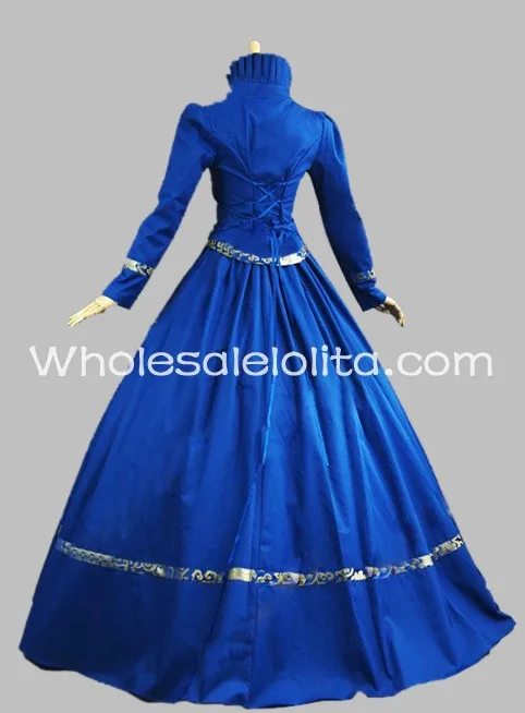 Королевский синий хлопок и парчовый Готический викторианское платье историческое платье