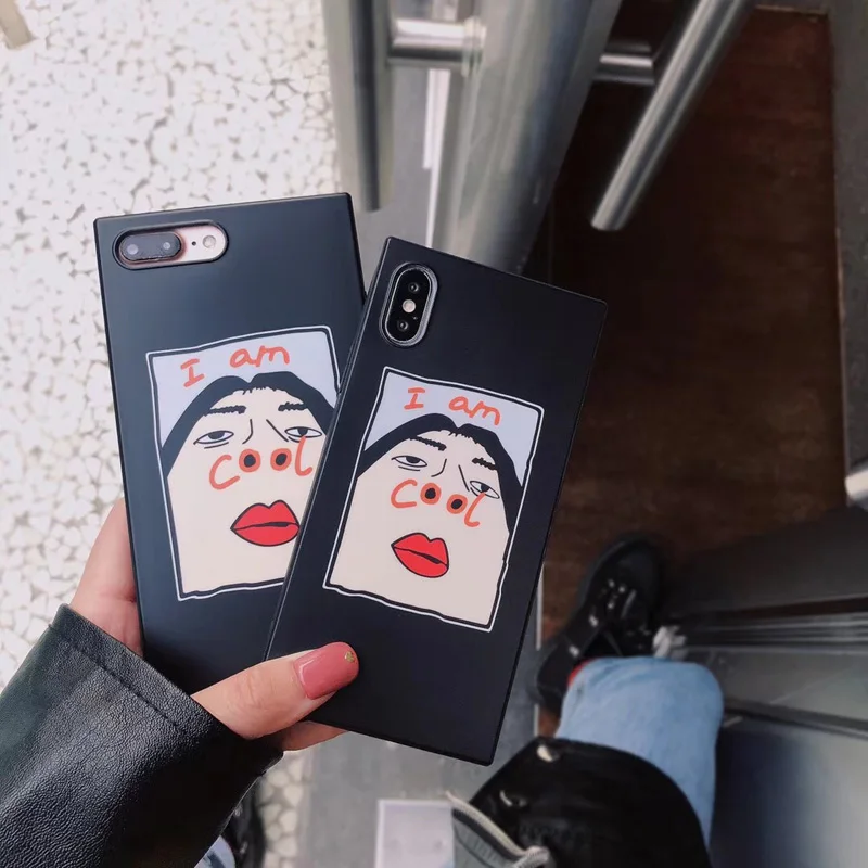 

Cute Cartoon Funny Phone Case For iphoneX 7 6S 8 Plus Square Black Case Letter Pattern Back Cover I am COOL
