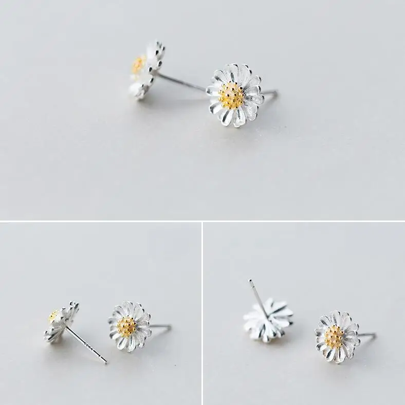 Серьги-гвоздики из чистого 925 пробы серебра с милыми ромашками и эмалью