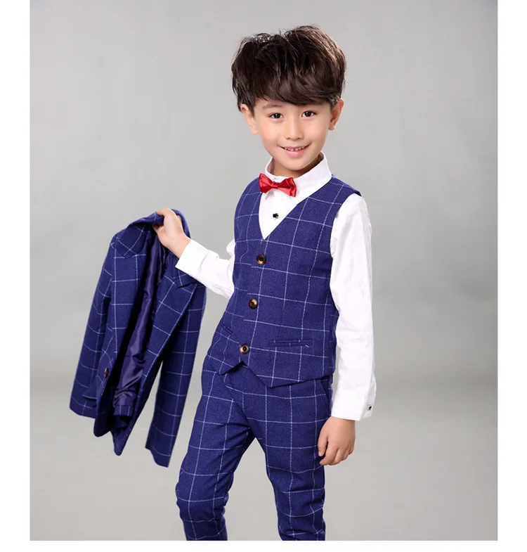plaid children Wedding Suit England Style Gentleman Boys Formal Tuxedos Suit Kids Spring Clothing Set:coat+vest+pants 3