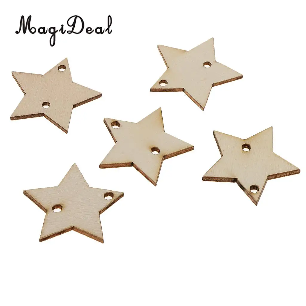 50pcs 35mm Unfinished Wooden Disc Star Tags MDF Wood Cutouts Crafts Embellishment With 2 Holes for DIY Wooden Board Decorations
