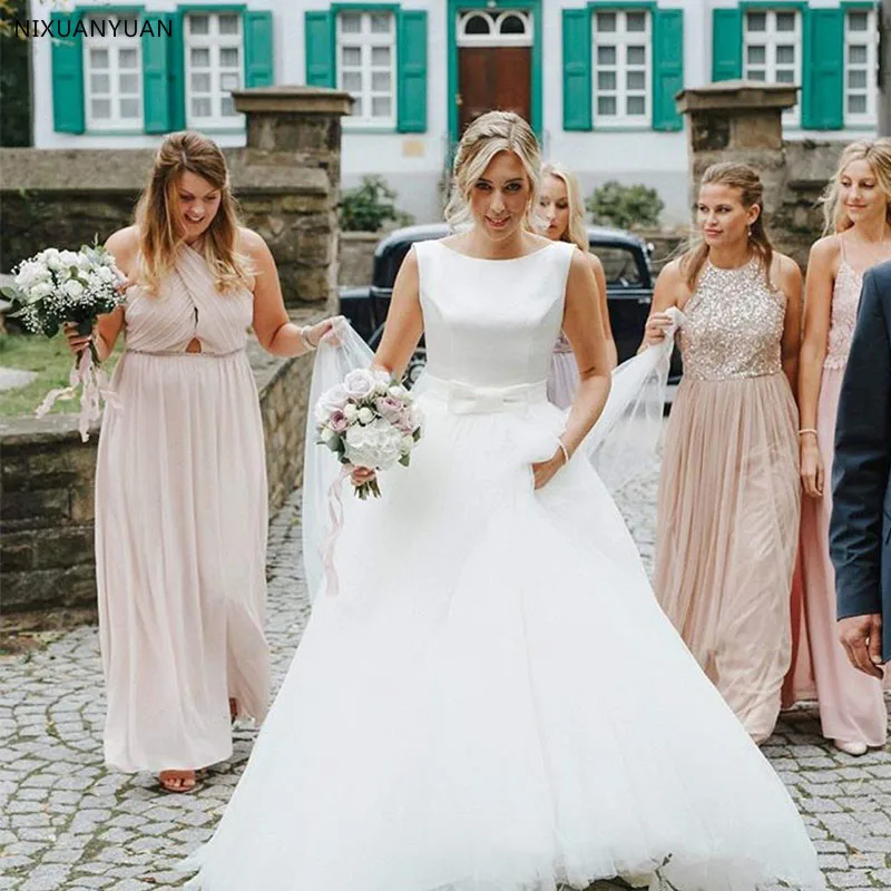 

2019 Vestido De Noiva A Line Wedding Dresses Elegant Sleeveless Bride Dresses Backless Wedding Gowns Sweep Train Robe De Mariee