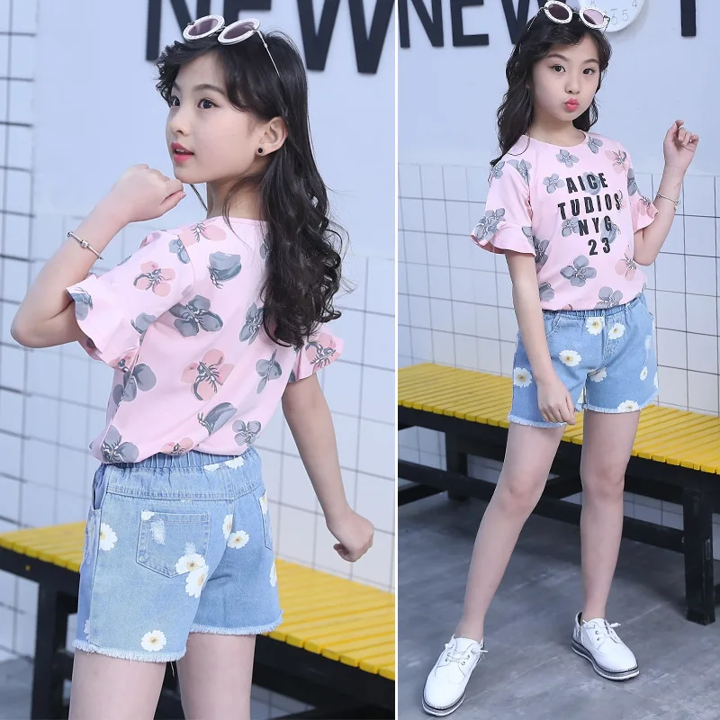 Kids Flower T Shirt and Denim Shorts for Girls Pink White Two Piece