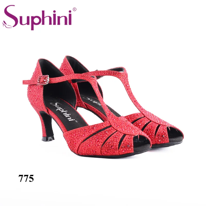 Suphini дизайн танцевальная обувь ручной работы Красный Блеск Кристалл Красный Сальса Латинская танцевальная обувь