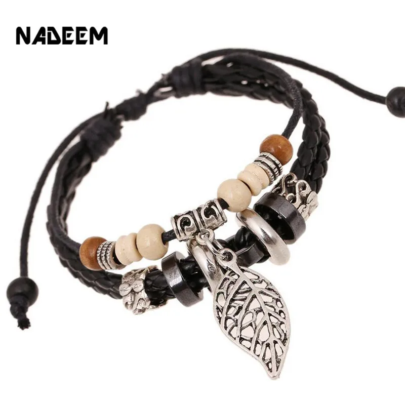 

NADEEM Wholesale Vintage Wood Bead Genuine Leather Bracelet Metal Leaf Pendant Charm Punk Leather Bracelet For Women Men Gift