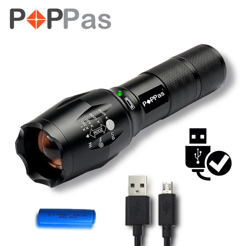 

POPPAS Flashlight 8000 Lumens LED CREE XM-L2 T6 XPE chips Lighting For USB Charger 5 Modes Zoomable DC Micro C-TYPE