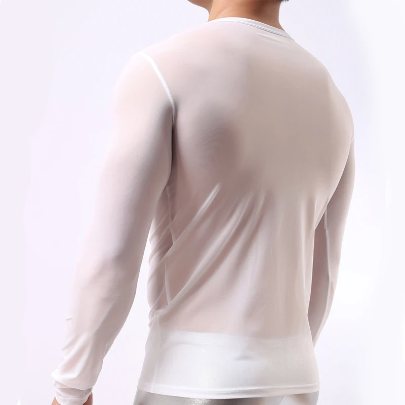 Мужская сексуальная Прозрачная Футболка Прозрачная сетка футболка с длинным рукавом Верхняя Нижняя рубашка фитнес облегающая черная/белая футболка для отдыха