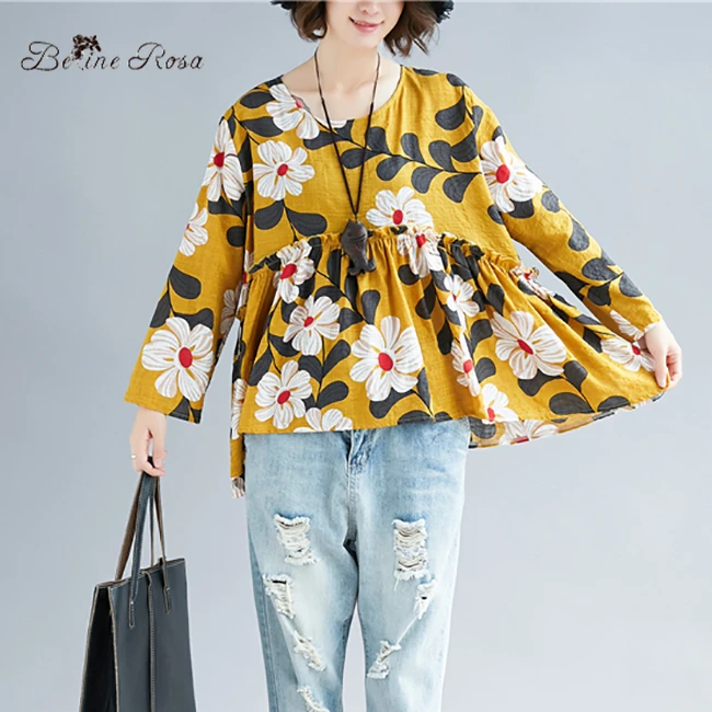 

BelineRosa 2019 Summer Holiday Beach Style Flower Printing Women Tops Plus Size Women Irregular Cotton Linen Clothes BSDM0196