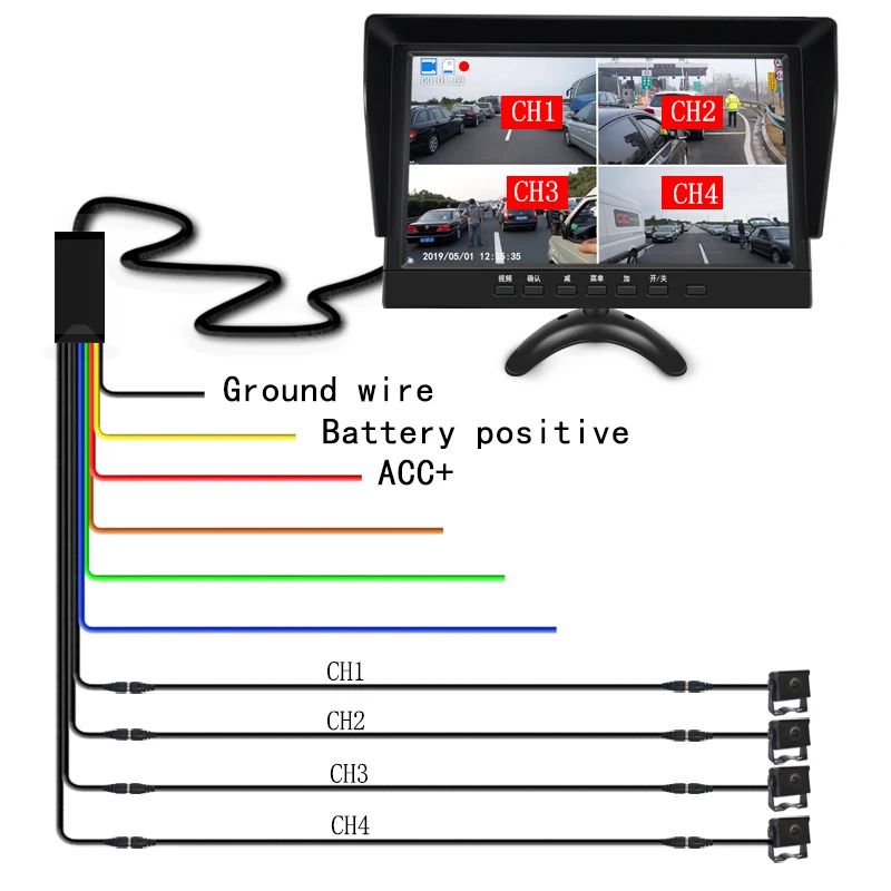 10.1inch IPS 4CH Video input Car Video Monitor For Front Rear Side View Camera Quad Split Screen Recording images simultaneously