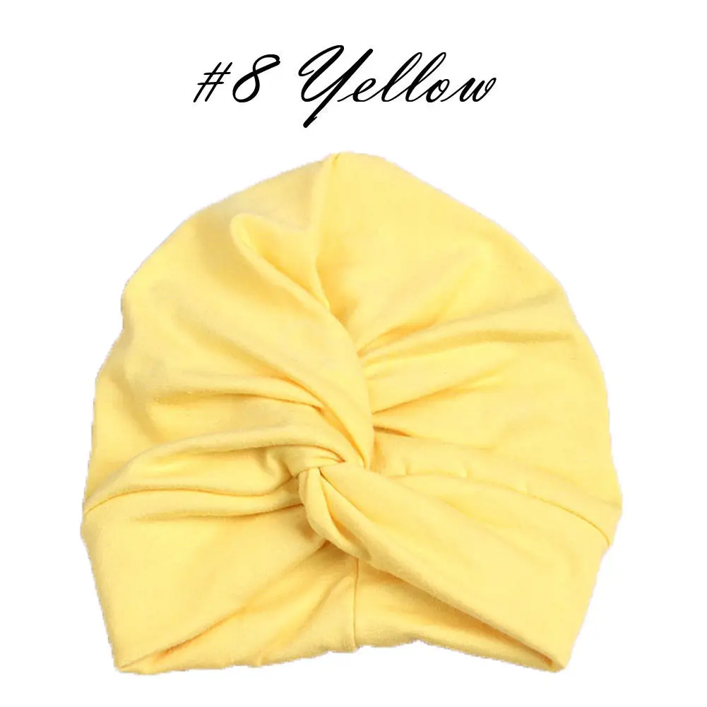Фирменная Новинка для новорожденных, Детская чалма Дети мальчик девочка Хлопковые смеси и шляпы, прекрасные мягкие милые зимние ботинки одноцветные, с узелком шляпы, головные уборы, подарки - Цвет: Цвет: желтый