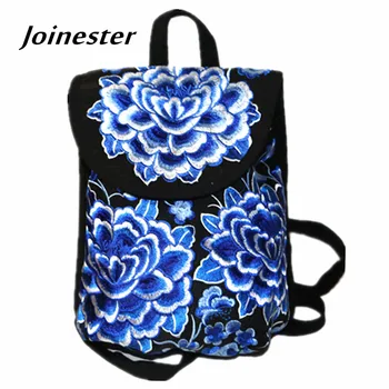 

Chinese National Floral Embroidered Ethnic Trend Cute Canvas Backpack Girls' Vintage Schoolbag Softback with Hasp and Beads