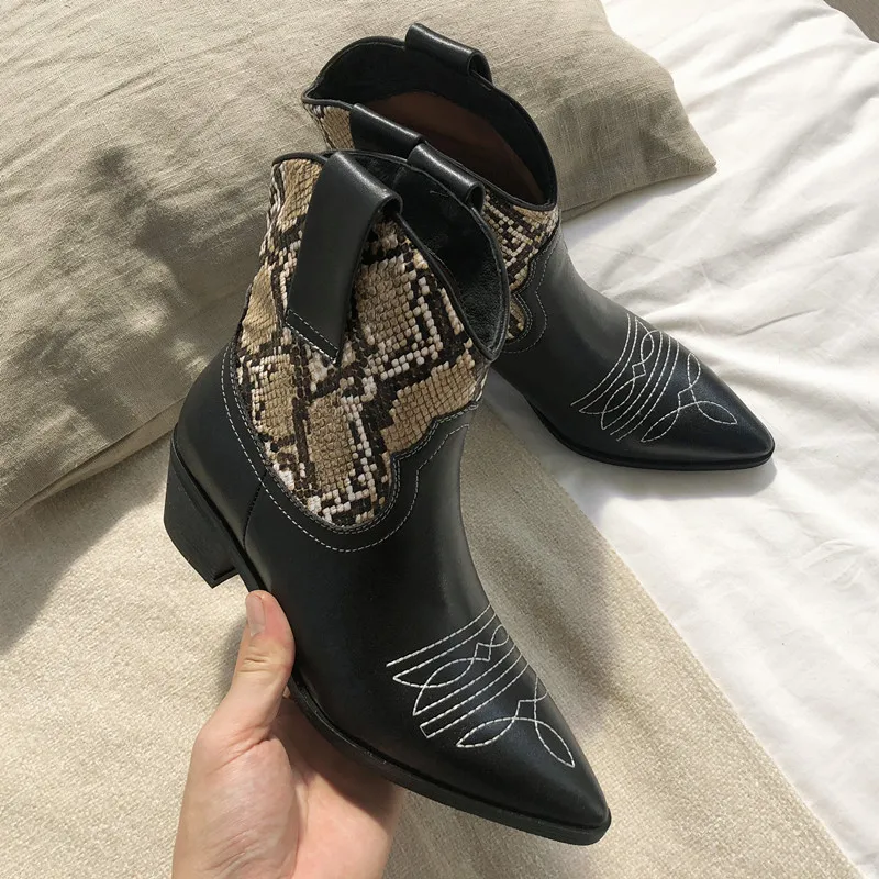 

Classic Embroidered genuine leather Cowboy Ankle Boots for Women Wedge High Heel Boots Snake Print Western Cowgirl Boots 2019