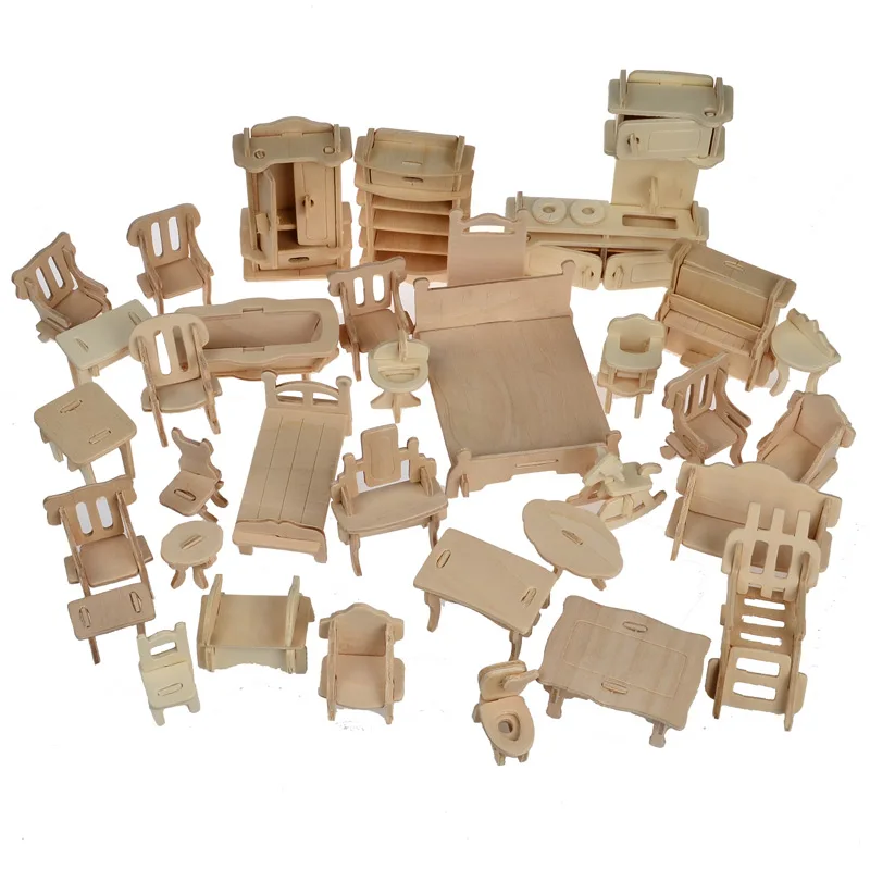 1SET=34PCS , BOHS Wooden Doll House Dollhouse Furnitures Jigsaw Puzzle