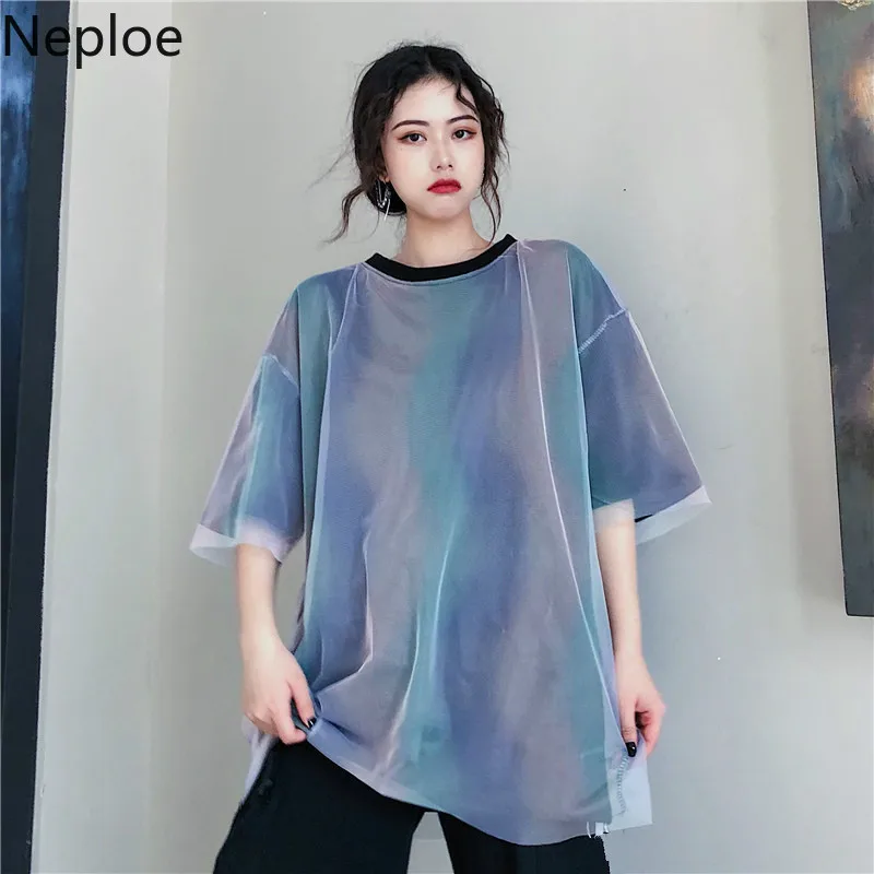 

Neploe Fashion Mesh Stitching Women T Shirt Harajuku Summer Hip Hop Long T-Shirts Korean White Black Ladies Top Loose Streetwear